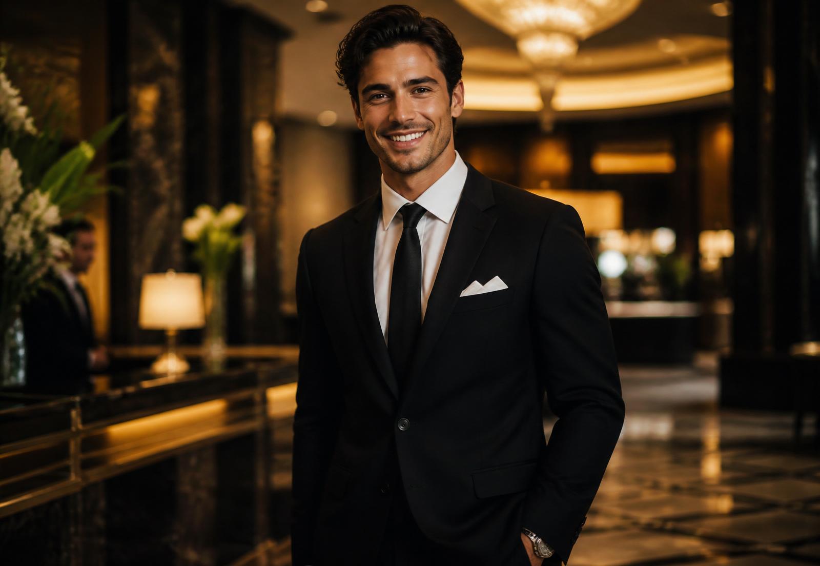 Elegant companion in a luxury hotel lobby